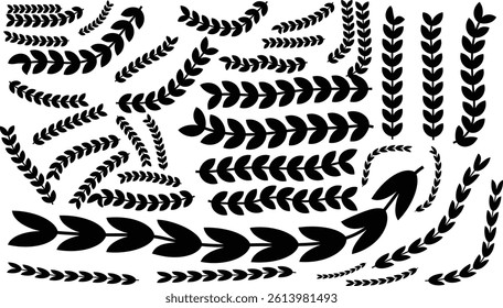 Set of black circular foliate laurels branches. Laurel wreath. Silhouette vintage laurel wreaths collection. Heraldic trophy crest. Greek olive branch award, winner round emblem