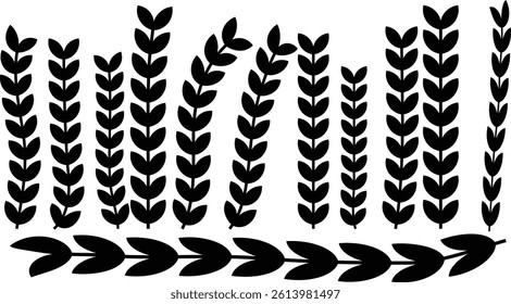 Set of black circular foliate laurels branches. Laurel wreath. Silhouette vintage laurel wreaths collection. Heraldic trophy crest. Greek olive branch award, winner round emblem