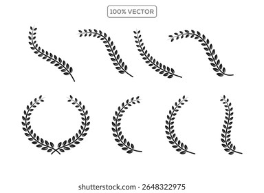 Set of black circular foliate laurels branches. Laurel wreath. Silhouette vintage laurel wreaths