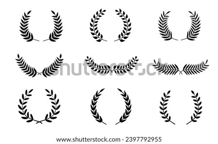 Set of black circular foliate laurels branches. Vector black laurels set. Emblem floral greek branch flat style