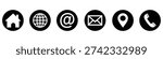 Set of black circular icons with white symbols for essential contact details: home, internet, email, map location, and phone
