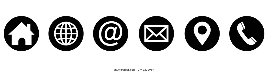 Set of black circular icons with white symbols for essential contact details: home, internet, email, map location, and phone