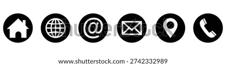 Set of black circular icons with white symbols for essential contact details: home, internet, email, map location, and phone