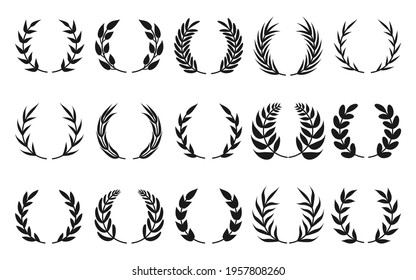 Set of black circular laurel branches. Vintage foliate wreaths collection. Icon of trophy crest, winner round emblem or olive branch award. Great for cards, logos, game apps, web. Vector illustration