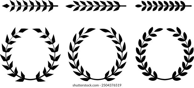 Set of black circular laurel wreath. Laurel wreath icon, medals, laurel frame, award frame, winner trophy symbol vector illustration. Laurel frame collection