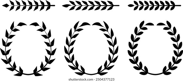 Set of black circular laurel wreath. Laurel wreath icon, medals, laurel frame, award frame, winner trophy symbol vector illustration. Laurel frame collection