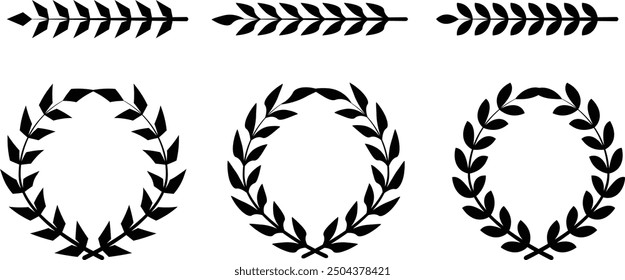 Set of black circular laurel wreath. Laurel wreath icon, medals, laurel frame, award frame, winner trophy symbol vector illustration. Laurel frame collection