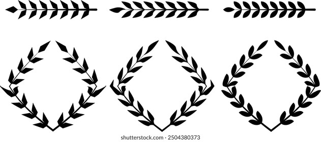 Set of black circular laurel wreath. Laurel wreath icon, medals, laurel frame, award frame, winner trophy symbol vector illustration. Laurel frame collection