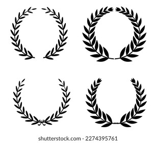 Set of black circular laurel wreaths. Round borders from branches. Decorative floral frames. Design elements for invitations and holiday cards. Vector illustration.