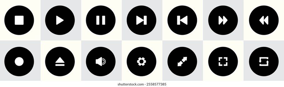 A set of black circular media control icons, including play, pause, stop, rewind, fast-forward, volume, settings, and screen adjustment symbols for multimedia or UI design.