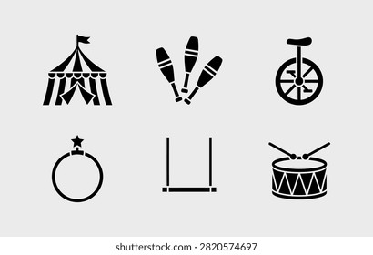 A set of black circus icons featuring a big top tent, juggling pins, unicycle, acrobatic ring, trapeze bar, and drum with sticks on light background.