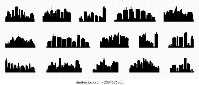 Set of black city skyline. Town skyline landscape. City panorama silhouette collection. Urban cityscape silhouettes. Skyline urban borders in black. Set of silhouette of big city skyline