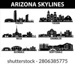 Set of black city skylines depicting Phoenix, Tucson, Mesa, Chandler, Scottsdale, and Glendale in Arizona, USA.