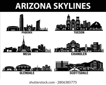 Set of black city skylines depicting Phoenix, Tucson, Mesa, Chandler, Scottsdale, and Glendale in Arizona, USA.