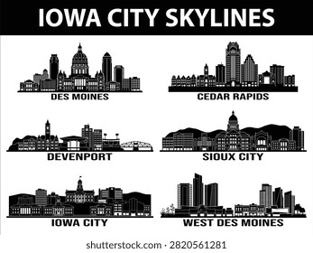 Set of black city skylines including Des Moines, Cedar Rapids, Davenport, Sioux City, Iowa City, and West Des Moines.