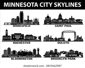 A set of black city skylines representing Minneapolis, Saint Paul, Rochester, Duluth, Bloomington, and Brooklyn Park.