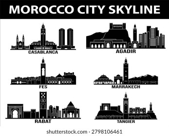 Set of black city skylines showing Casablanca, Marrakech, Rabat, Tangier, Fes, and Agadir in Morocco.