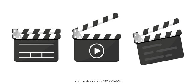 Set of Black Clapper board icon with button player in flat style. Clapperboard Vector Illustration. Movie Film clapper board. Filmmaking or video movie, cinematography device, film production