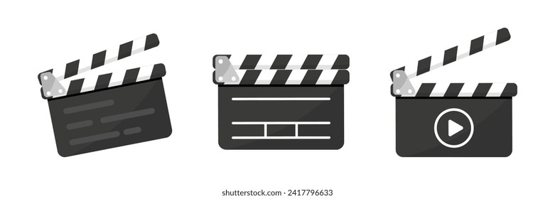 Set of black clapper board icon with button player in flat style. Clapperboard Vector Illustration. Movie Film clapper board. Filmmaking or video movie, cinematography device, film production