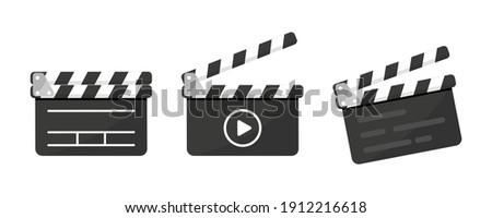 Set of Black Clapper board icon with button player in flat style. Clapperboard Vector Illustration. Movie Film clapper board. Filmmaking or video movie, cinematography device, film production