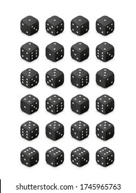 Set of black classic game cubes isolated on white background, all possible 3d dice turns for casino in isometric view