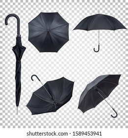 Set of black classic rain umbrellas in different views. Mockup, template for logo presentation. Realistic vector illustration isolated on transparent background.