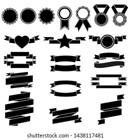 set of black classic vintage ribbon banners for design elements on white background