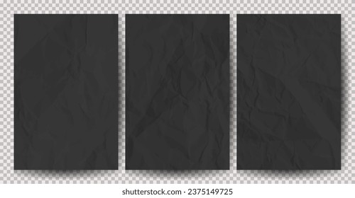 Conjunto de papeles negros limpios y desmenuzados sobre fondo transparente. Láminas vacías de papel con sombra para afiches y pancartas. Ilustración del vector