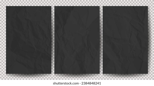 Set of black clean crumpled papers on transparent background. Crumpled empty sheets of paper with shadow for posters and banners. Vector illustration