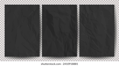Set von schwarz-sauberen, zerkleinerten Papieren auf transparentem Hintergrund. Geräumige leere Papiertücher mit Schatten für Poster und Banner. Vektorgrafik