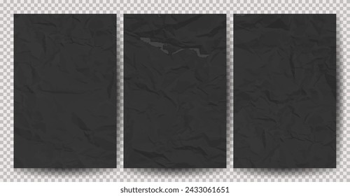 Set of black clean crumpled papers on transparent background. Crumpled empty sheets of paper with shadow for posters and banners. Vector illustration