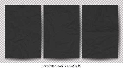 Set of black clean crumpled papers on transparent background. Crumpled empty sheets of paper with shadow for posters and banners. Vector illustration