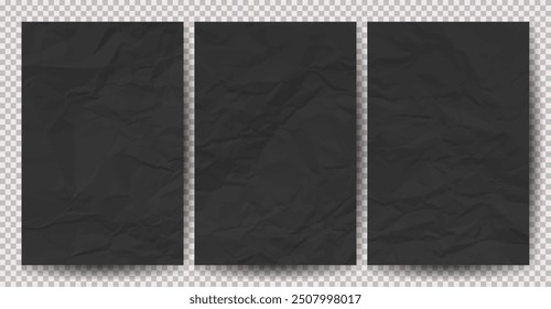 Satz schwarzer, sauberer, zerbröckelter Papiere auf transparentem Hintergrund. Zerknitterte leere Blätter mit Schatten für Poster und Banner. Vektorgrafik
