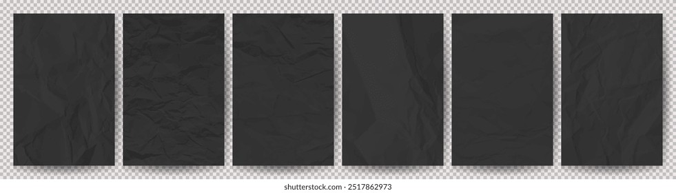 Set of black clean crumpled papers on transparent background. Six crumpled empty sheets of paper with shadow for posters and banners. Vector illustration