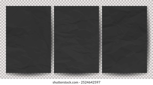 Set of black clean crumpled papers on transparent background. Crumpled empty sheets of paper with shadow for posters and banners. Vector illustration