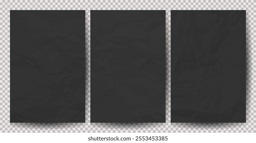 Set of black clean crumpled papers on transparent background. Crumpled empty sheets of paper with shadow for posters and banners. Vector illustration