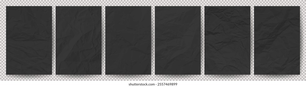 Set of black clean crumpled papers on transparent background. Six crumpled empty sheets of paper with shadow for posters and banners. Vector illustration