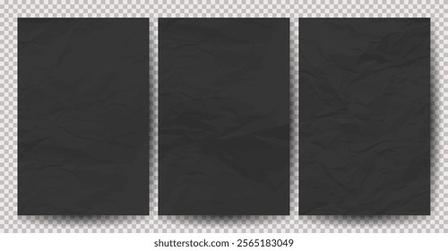 Set of black clean crumpled papers on transparent background. Crumpled empty sheets of paper with shadow for posters and banners. Vector illustration