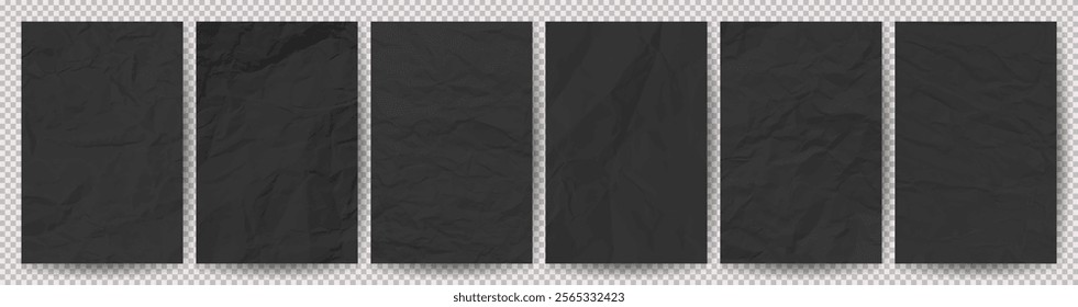 Set of black clean crumpled papers on transparent background. Six crumpled empty sheets of paper with shadow for posters and banners. Vector illustration