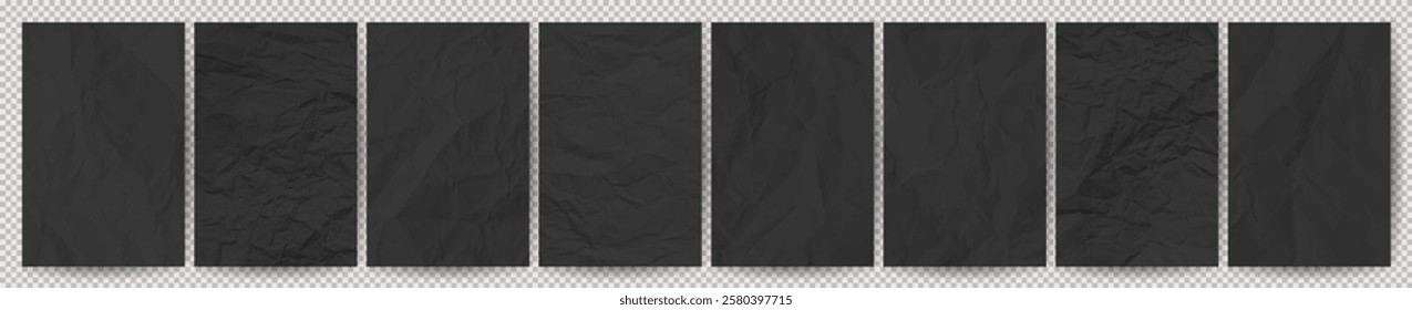 Set of black clean crumpled papers on transparent background. Eight crumpled empty sheets of paper with shadow for posters and banners. Vector illustration