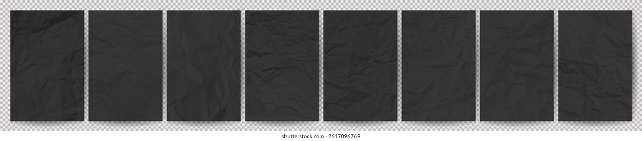 Set of black clean crumpled papers on transparent background. Eight crumpled empty sheets of paper with shadow for posters and banners. Vector illustration