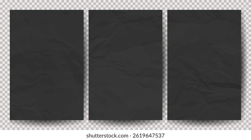 Set of black clean crumpled papers on transparent background. Crumpled empty sheets of paper with shadow for posters and banners. Vector illustration