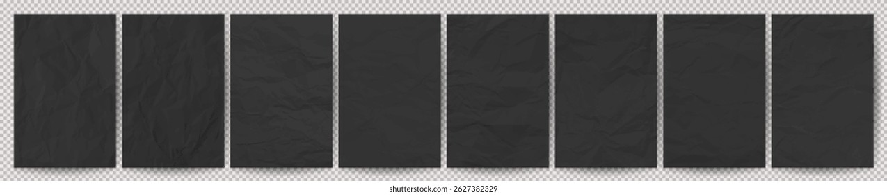 Set of black clean crumpled papers on transparent background. Eight crumpled empty sheets of paper with shadow for posters and banners. Vector illustration
