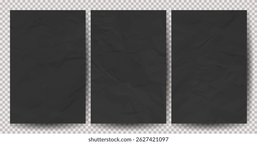 Set of black clean crumpled papers on transparent background. Crumpled empty sheets of paper with shadow for posters and banners. Vector illustration