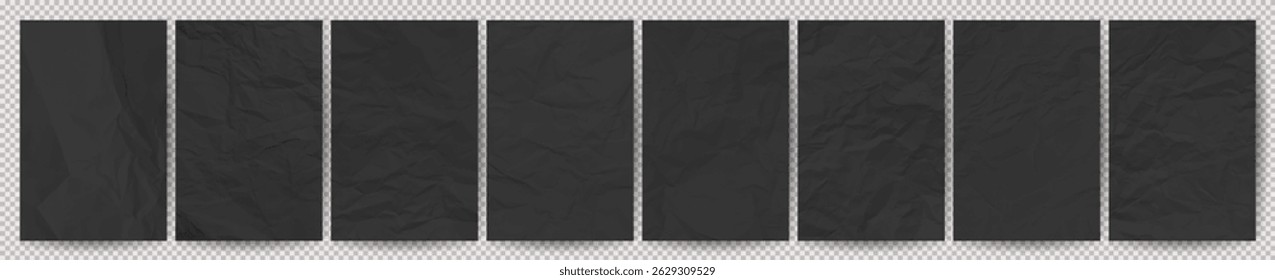 Set of black clean crumpled papers on transparent background. Eight crumpled empty sheets of paper with shadow for posters and banners. Vector illustration