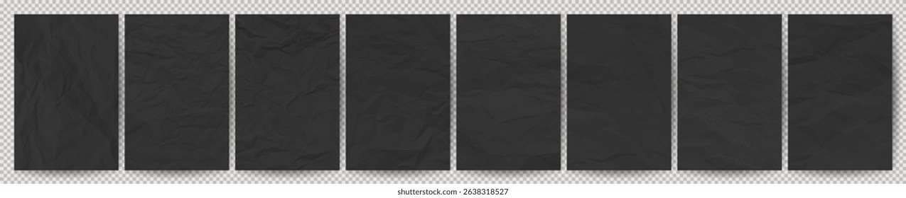 Set of black clean crumpled papers on transparent background. Eight crumpled empty sheets of paper with shadow for posters and banners. Vector illustration