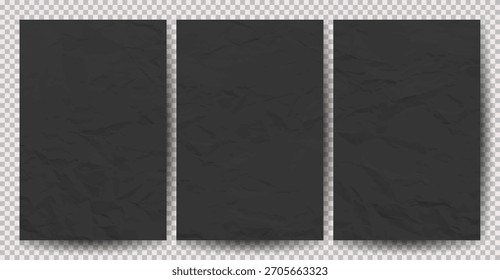 Set of black clean crumpled papers on transparent background. Crumpled empty sheets of paper with shadow for posters and banners. Vector illustration