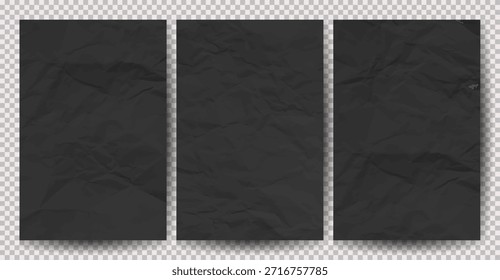 Satz schwarzer, sauberer, zerbröckelter Papiere auf transparentem Hintergrund. Zerknitterte leere Blätter mit Schatten für Poster und Banner. Vektorgrafik