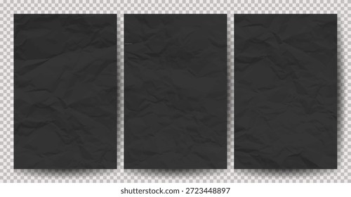 Conjunto de papeles arrugados limpios negros sobre fondo transparente. Hojas de papel vacías arrugadas con sombra para carteles y Anuncios. Ilustración vectorial