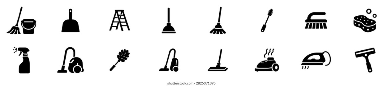 Set of black cleaning and household tool icons including mop, bucket, dustpan, ladder, plunger, brush, sponge, spray bottle, vacuum cleaner, duster, iron on transparent background